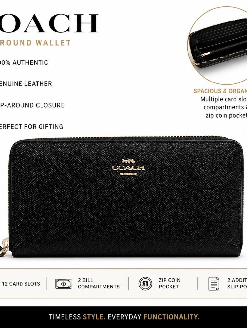 Coach Black Leather Zip Around Wallet Gold Tone